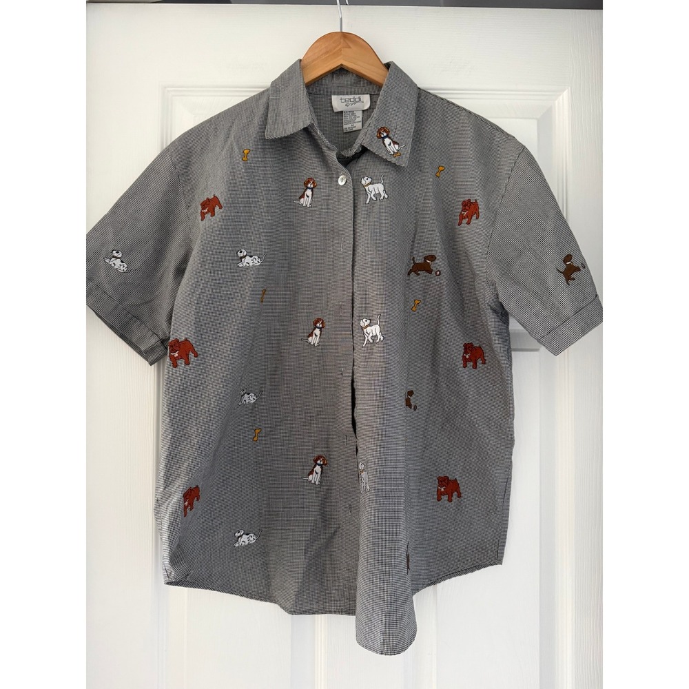 VTG 90s Gingham Dog Embroidered Novelty Short Sleeve Blouse Cottagecore Grandma